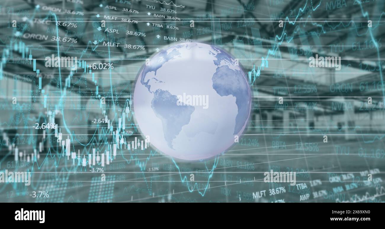 Datenbild, Diagramme mit Rastern, die sich auf rotierendem Globus gegen das Innere des Gebäudes bewegen Stockfoto