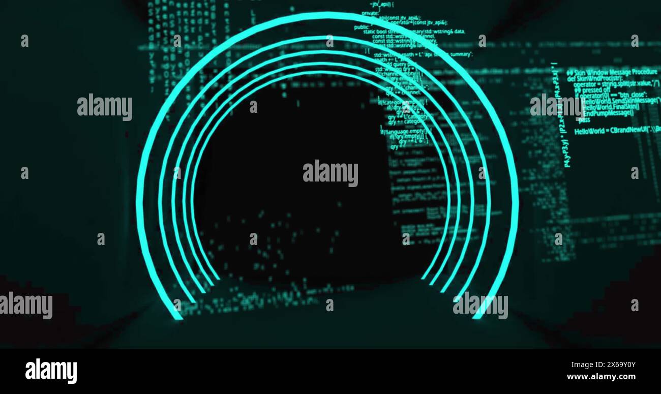 Bild des qr-Codes in beleuchtetem Rundtunnel über Programmiersprache Stockfoto
