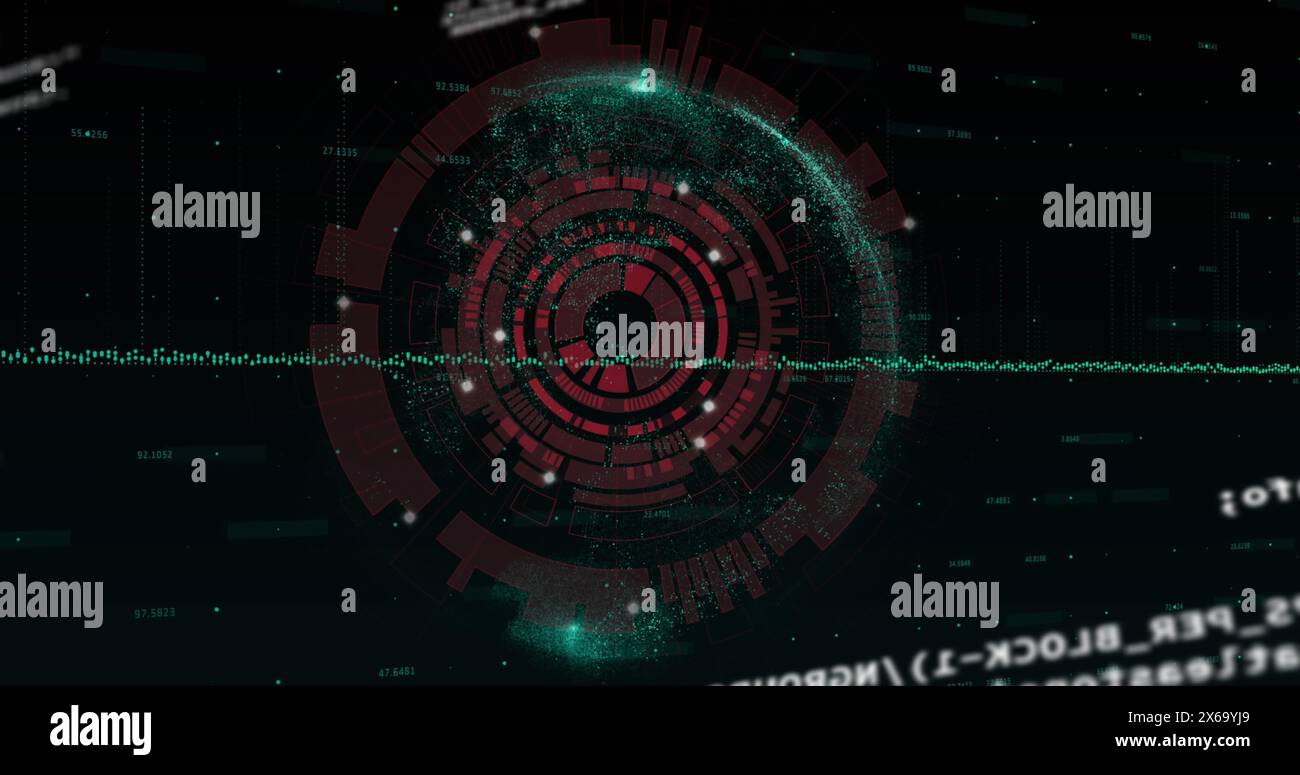 Bild eines roten runden Scanners, der sich über Datenverarbeitung und Globus dreht, vor schwarzem Hintergrund Stockfoto