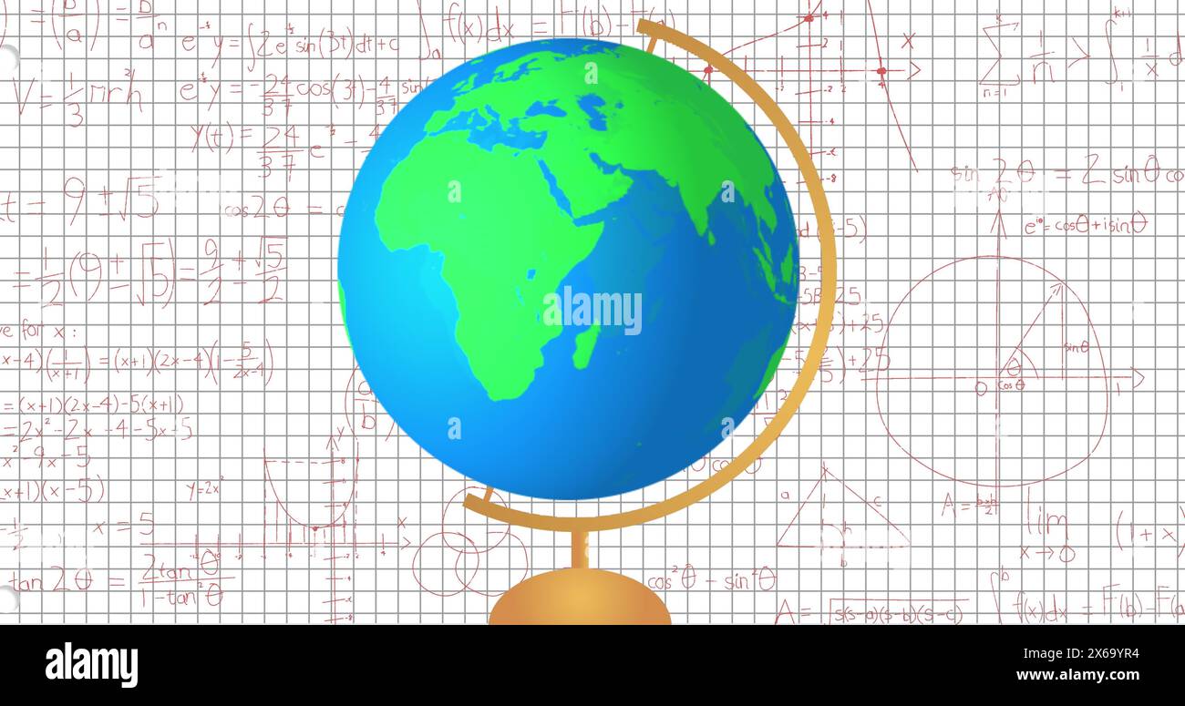 Abbildung des Globus-Modellsymbols und mathematischer Gleichungen vor quadratischem Papierhintergrund Stockfoto