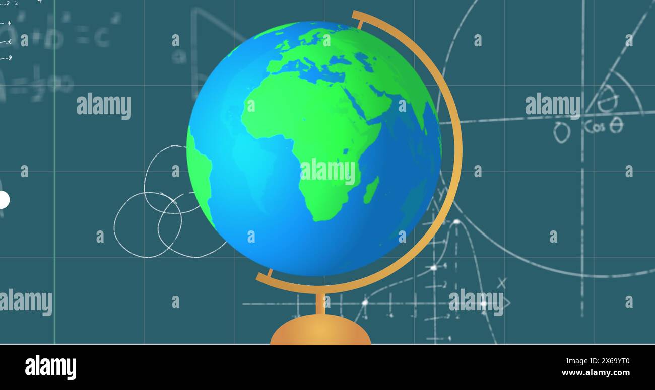 Bild des Globus-Modellsymbols und mathematischer Gleichungen auf Gitternetzwerk vor blauem Hintergrund Stockfoto