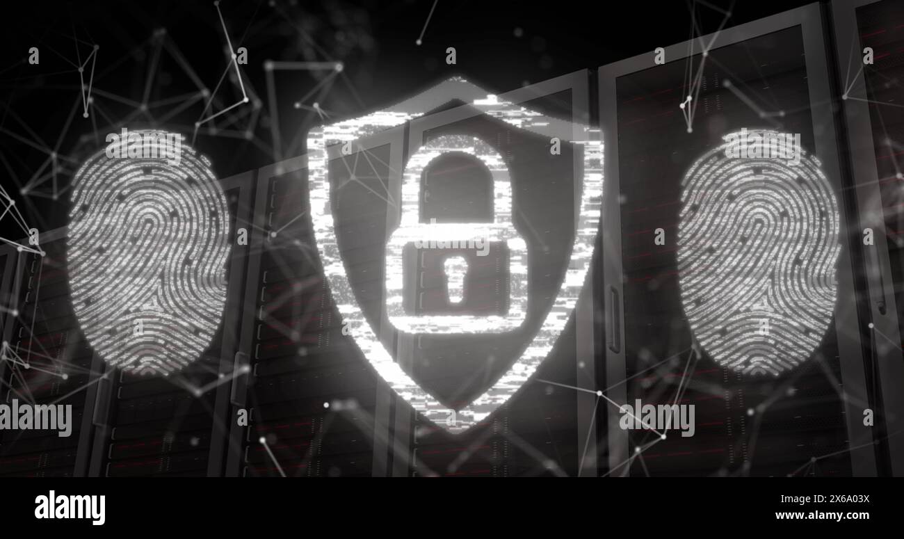 Abbildung: Fingerabdrücke und Vorhängeschloss in der Abschirmung über verbundenen Punkten gegen Server-Racks Stockfoto