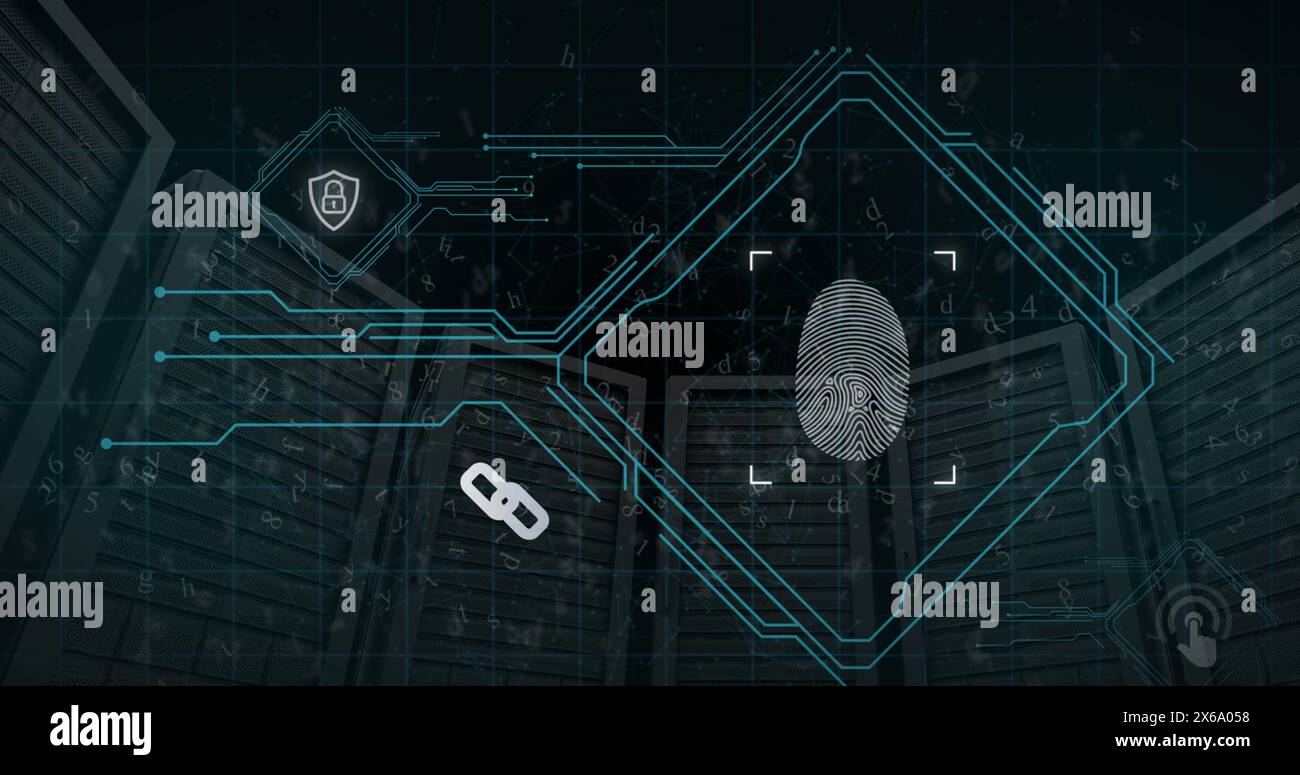 Abbildung: Scannen von Fingerabdrücken, Vorhängeschloss, Zahlen, Buchstaben und verbundenen Punkten über Server-Racks Stockfoto