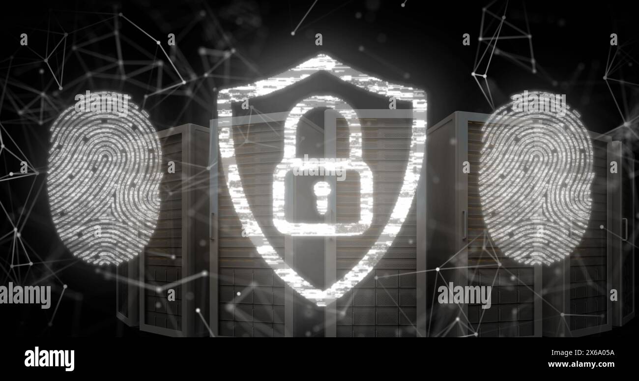 Abbildung: Vorhängeschloss in der Abschirmung, Fingerabdrücke und verbundene Punkte über dem Serversystem-Rack Stockfoto