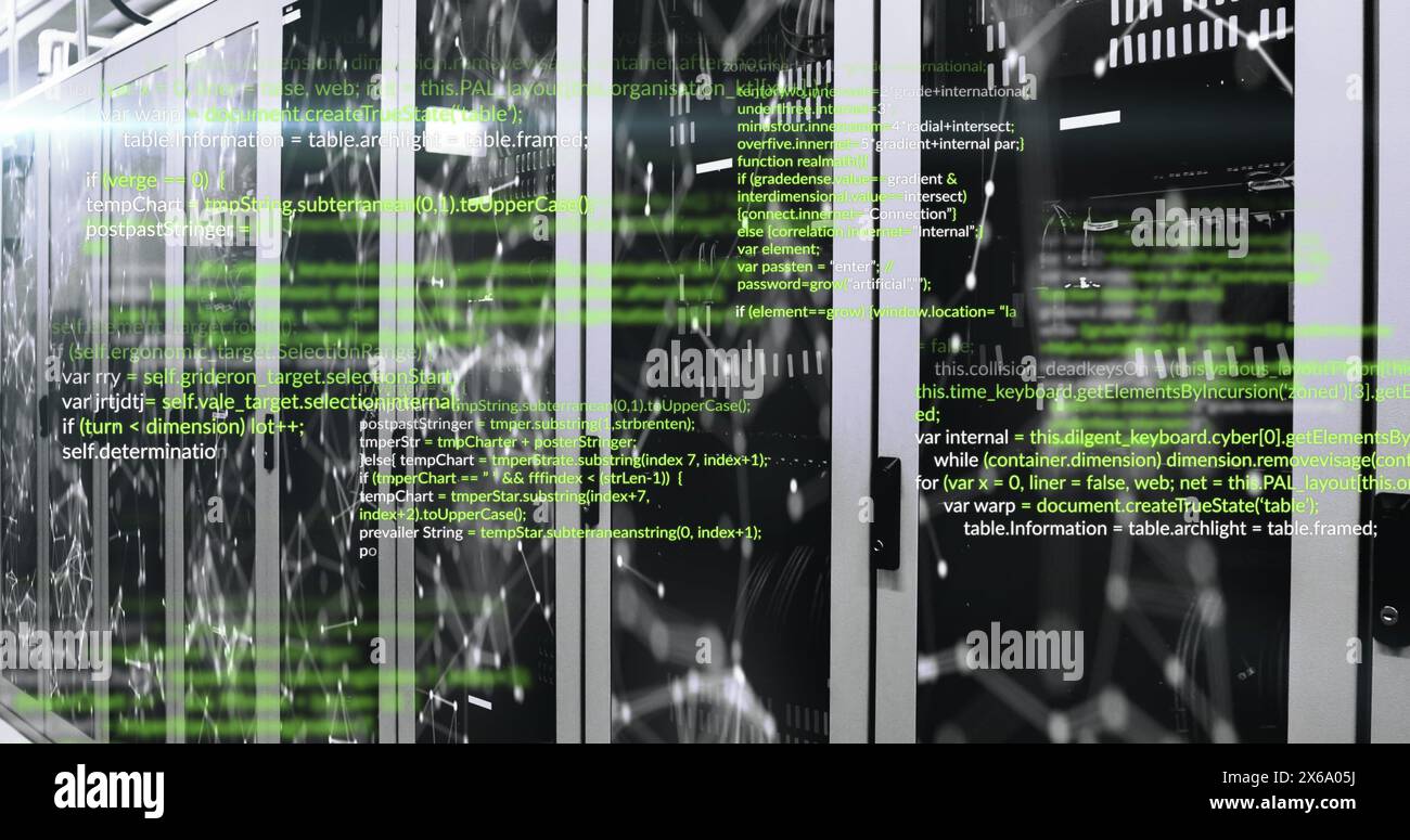 Bild von Computersprachen und beleuchteten verbundenen Punkten, die sich auf Datenserversystemen bewegen Stockfoto