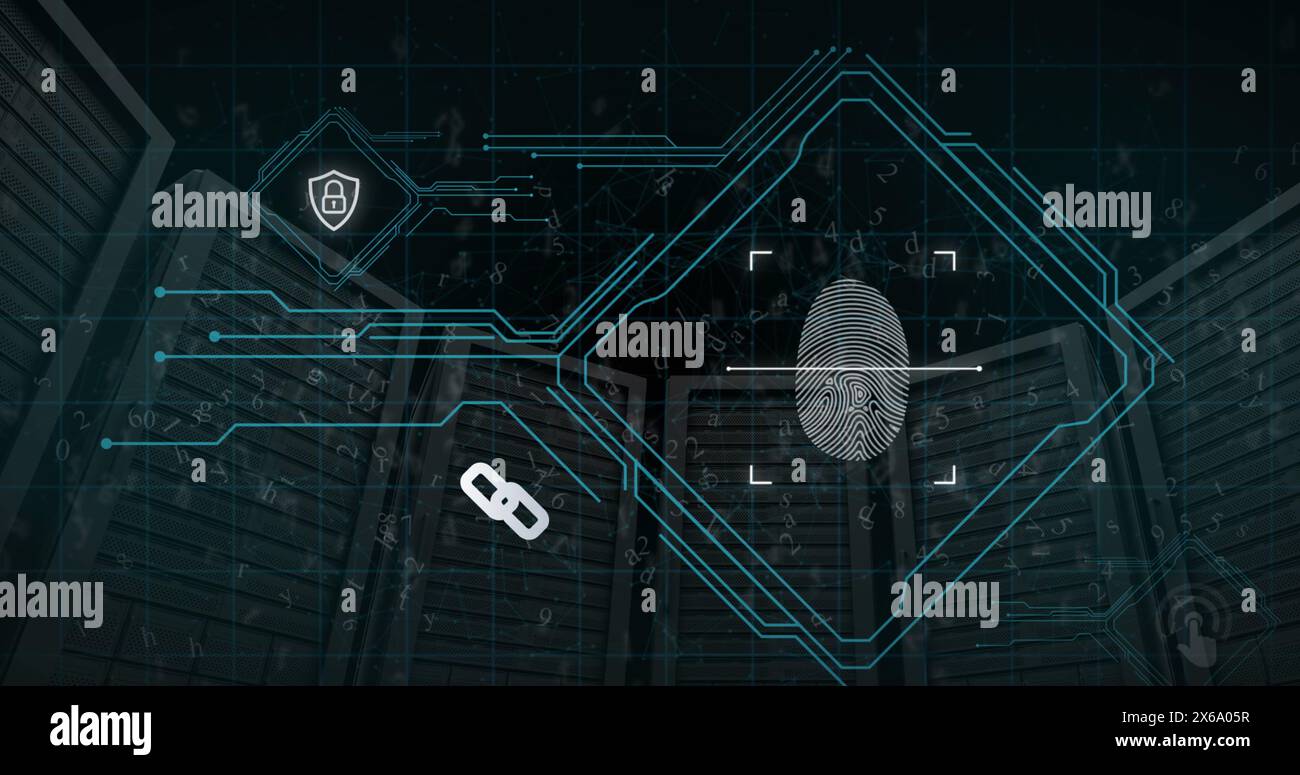 Abbildung: Scannen von Fingerabdrücken, Vorhängeschloss, Zahlen, Buchstaben und verbundenen Punkten über Server-Racks Stockfoto