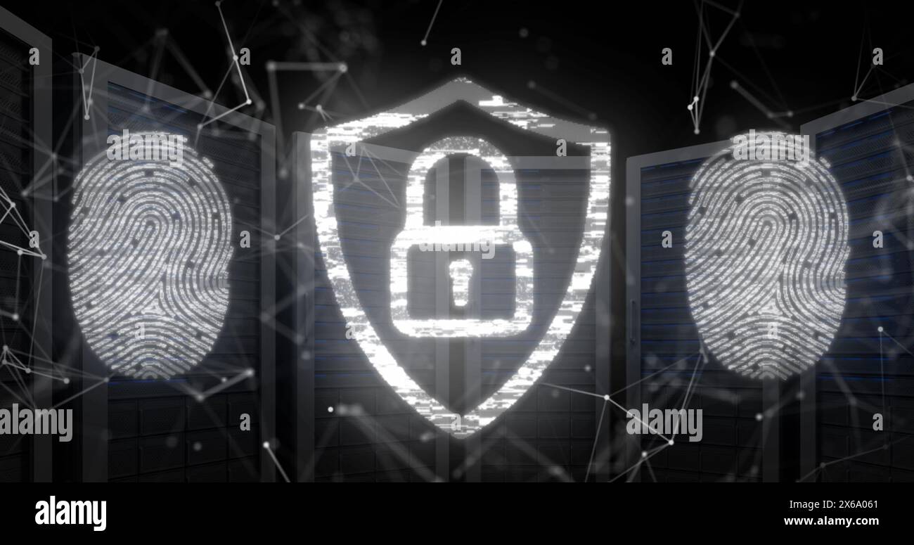 Abbildung: Fingerabdrücke und Vorhängeschloss in der Abschirmung über verbundenen Punkten gegen Server-Racks Stockfoto