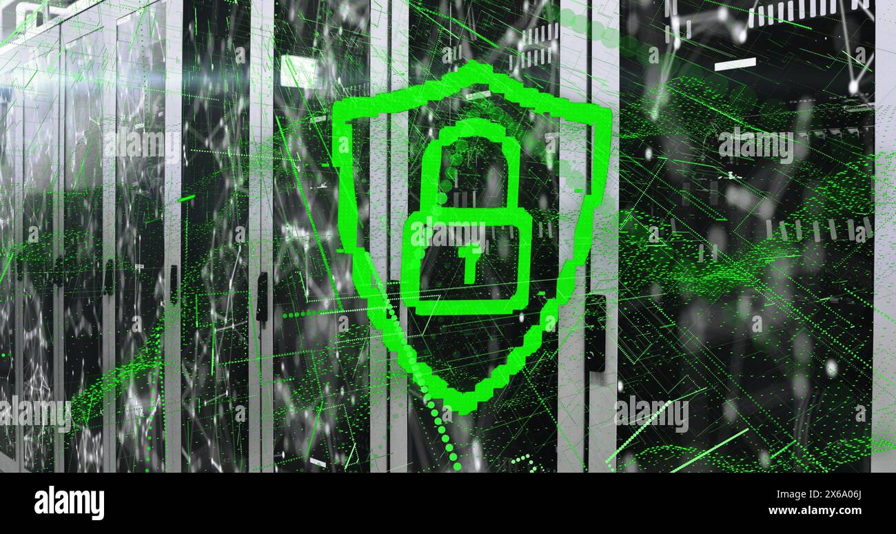 Abbildung eines Vorhängeschlosses mit verbundenen Punkten und abstrakten Mustern über Datenserversystemen Stockfoto