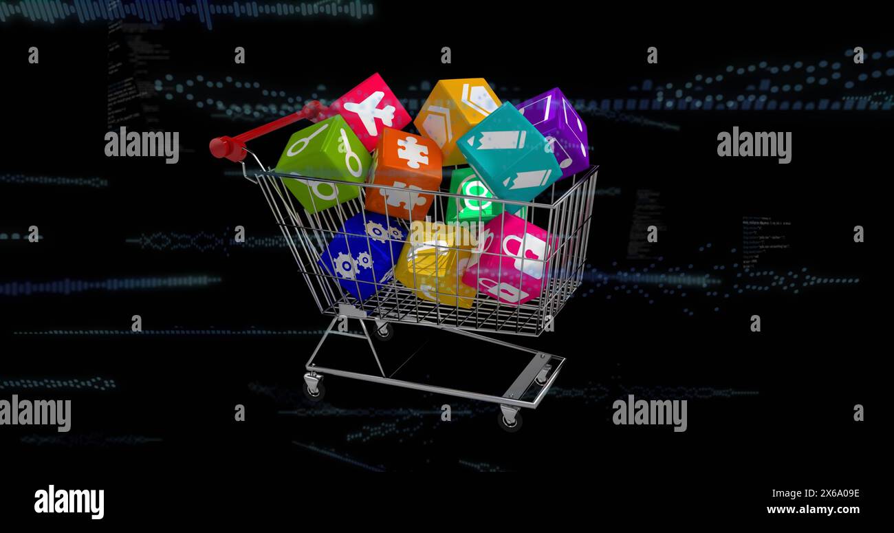 Digitales Bild von Symbolen über Würfeln im Warenkorb und digitale Wellen auf schwarzem Hintergrund Stockfoto