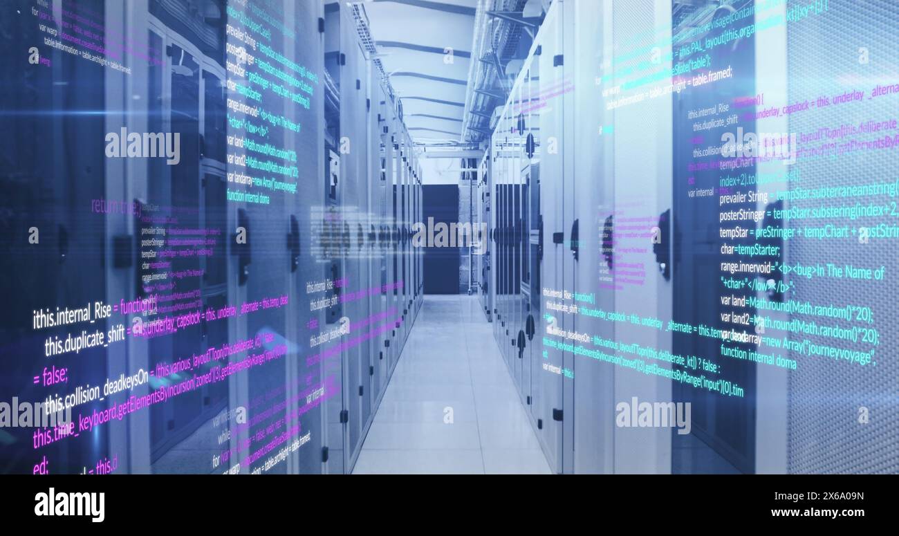 Bild von Computerprogrammiersprachen, die sich über Datenserversysteme bewegen Stockfoto