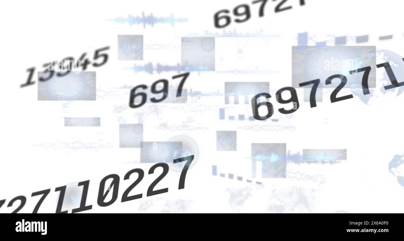 Bild der Zahlenänderung und Datenverarbeitung über Bildschirmen auf weißem Hintergrund Stockfoto