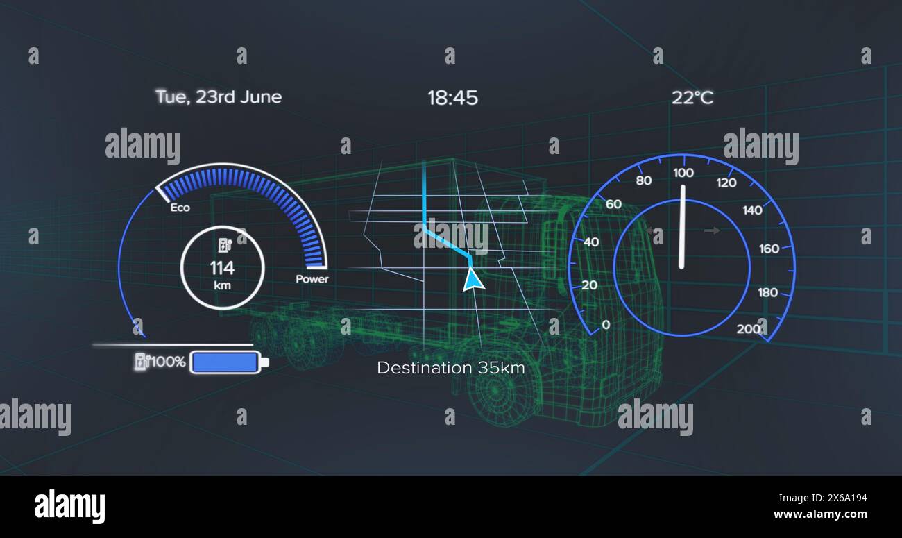 Das digitale Armaturenbrett zeigt verschiedene Fahrzeugkennzahlen in futuristischem Stil an Stockfoto