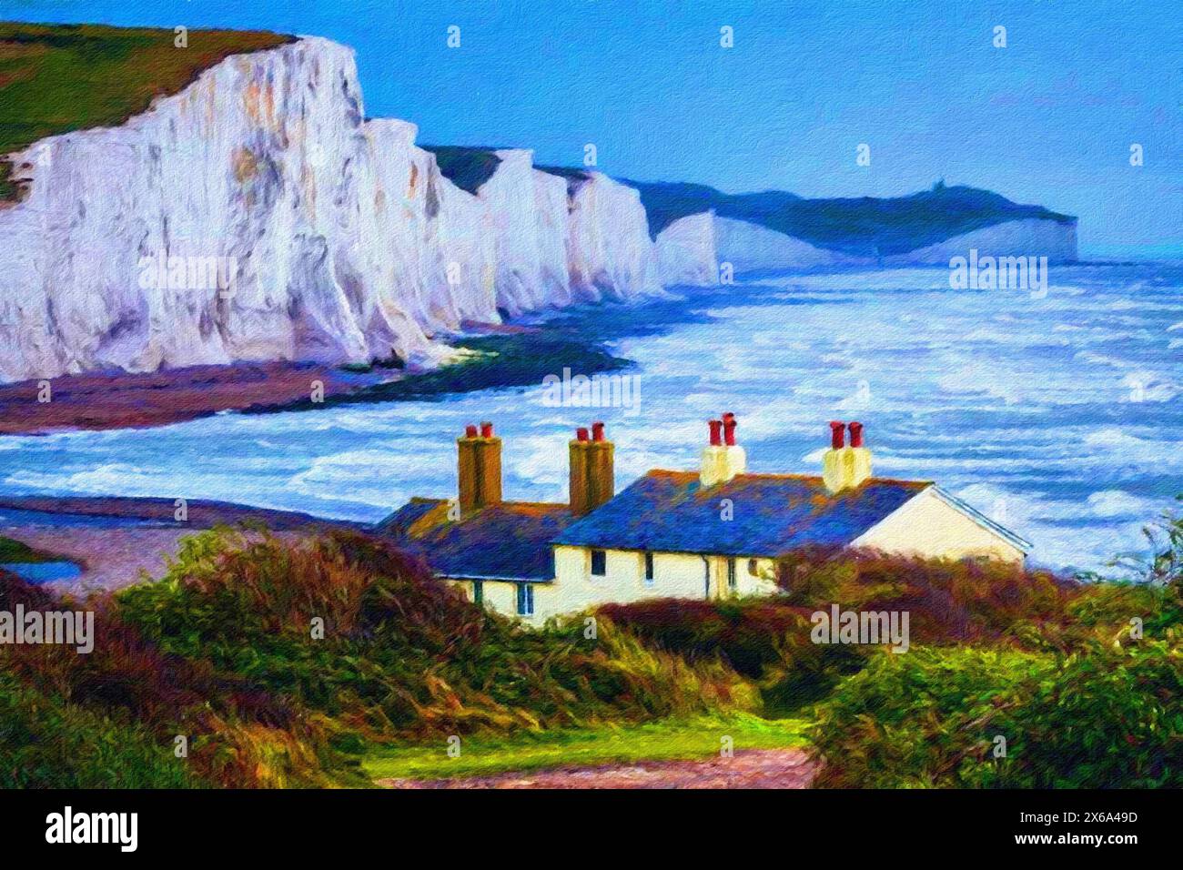 Coastguard Cottages and Seven Sisters, Seaford, East Sussex, England. Stockfoto