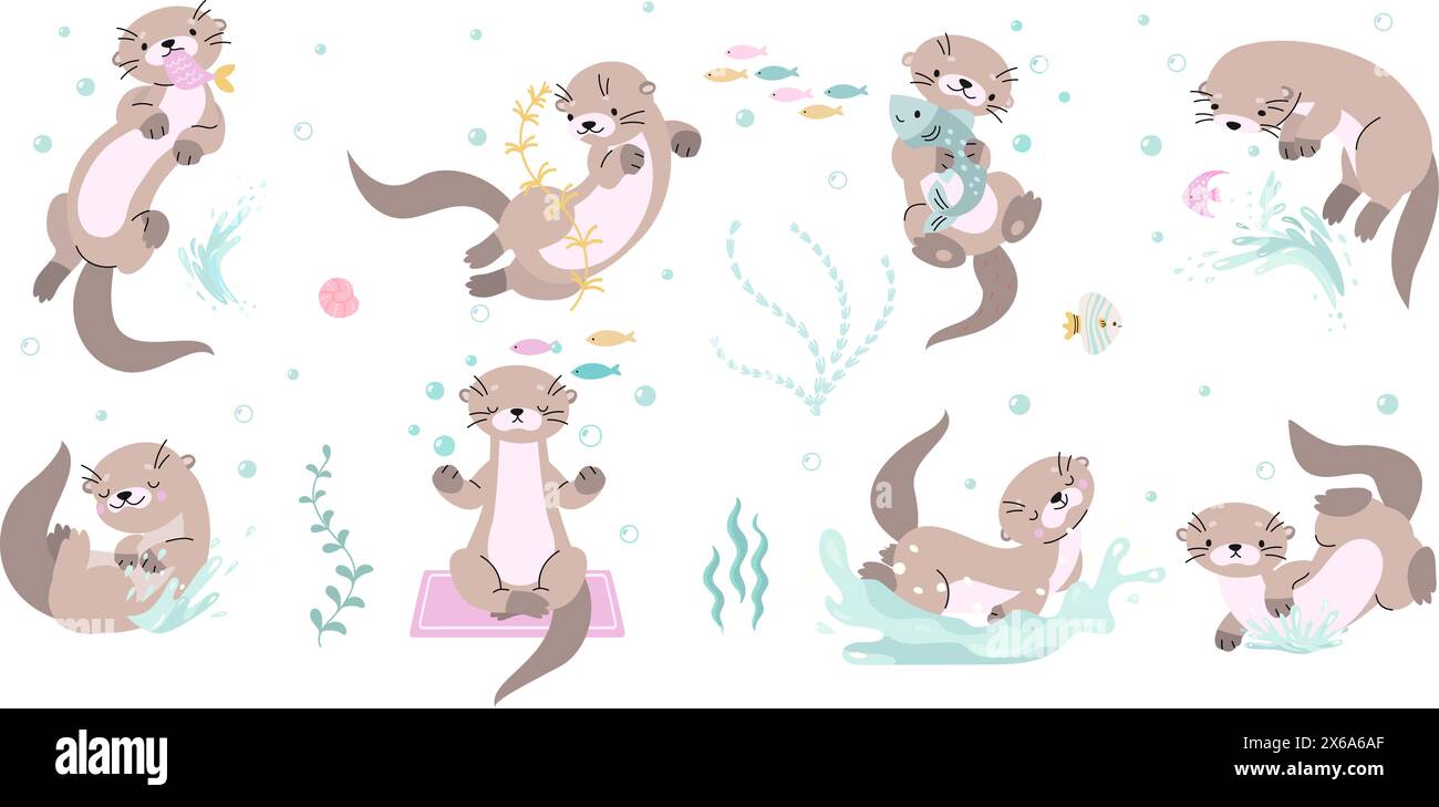 Niedliche Otter-Charaktere. Otter posiert isolierte Zeichentrickserie. Lustige Tiere schwimmen im Fluss oder See, essen und spielen. Die Natur heute Vektorclipart Stock Vektor