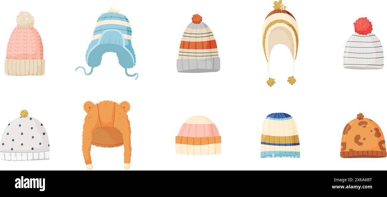 Cartoon-Winterhüte. Warmer Hut und Mütze der Saison. Isolierter Strickkopf für Erwachsene und Kinder. Snugly Vector Collection Stock Vektor