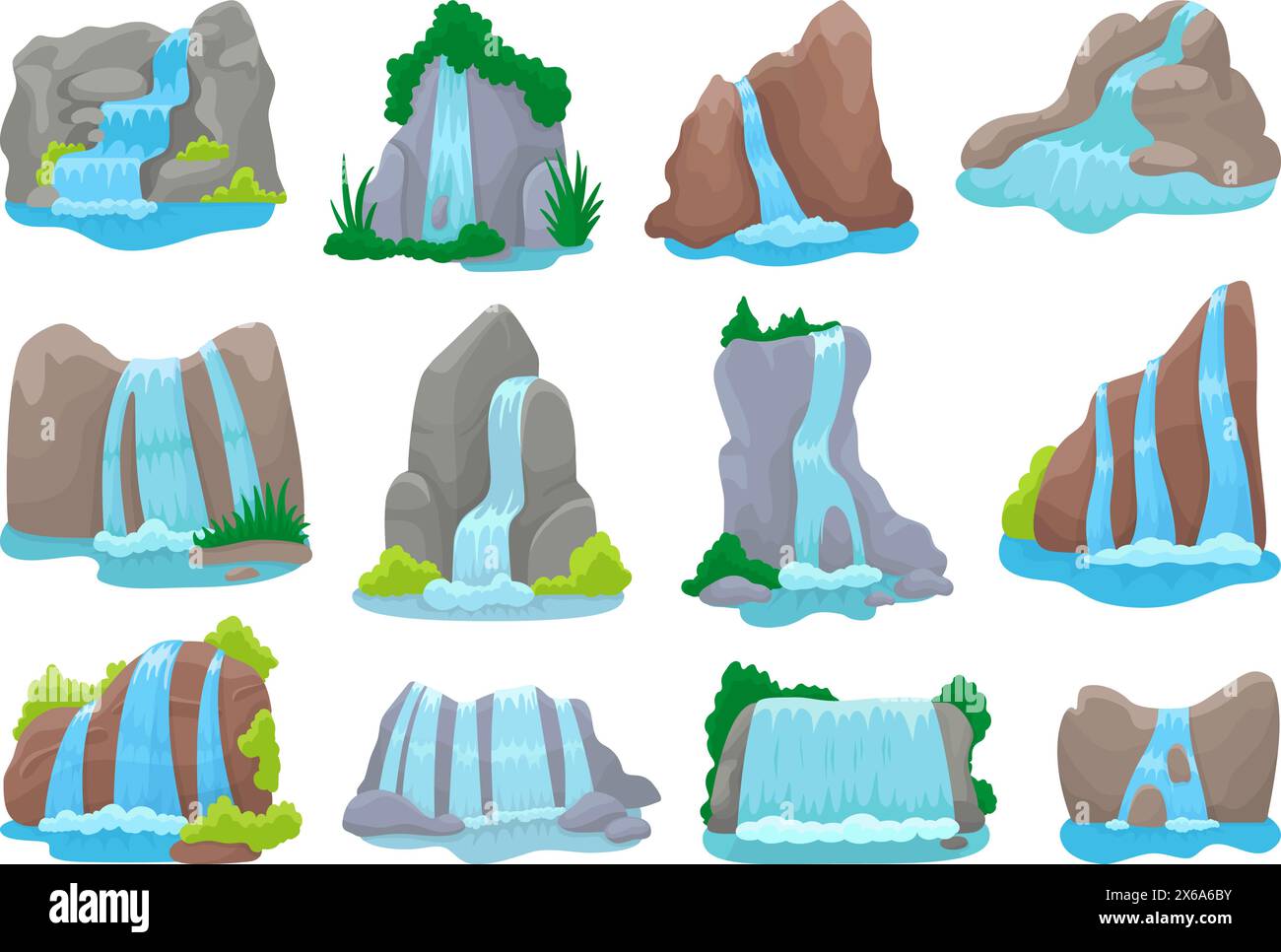 Isolierter Wasserfall. Zeichentrickfilm-Wasserfälle, Naturlandschaftselemente. Fluss und Seen, Berge, Felsen und Bäume. Wasserbäche, touristisch neoterisch Stock Vektor