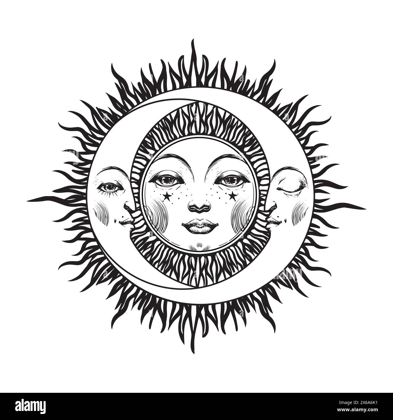 Sonne mit Gesicht und zwei Sicheln, Mondphasen, Sonnenfinsternisymbol, astrologisches Boho-Tattoo für Hexe. Modernes handgezeichnetes Symbol für Zodiac und Horoskop, Vin Stock Vektor