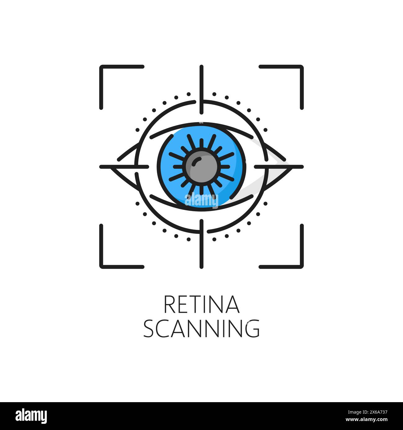 Symbol für biometrische Identifizierung, Erkennung und Verifizierung von Netzhautaufnahmen. Isoliertes Vektorfarbzeichen mit Auge im Schnappschuss-Rahmen. Futuristisches Symbol modernster Sicherheitstechnologie Stock Vektor