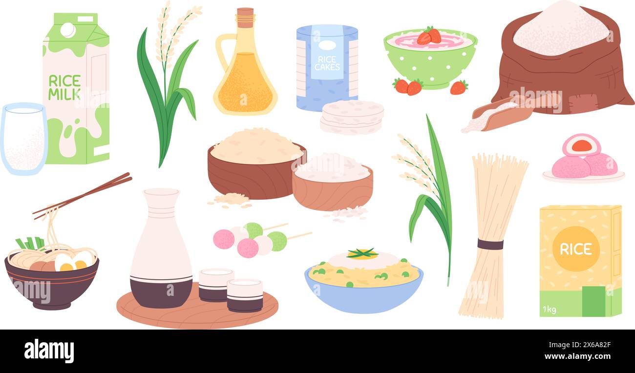 Reiserzeugnisse. Pflanzen, Sushi und Getränke. Traditionelle Reisgerichte, Haferbrei und Süßigkeiten. Nudeln mit Eiern und Essstäbchen. Markante Comic-Zutaten Stock Vektor