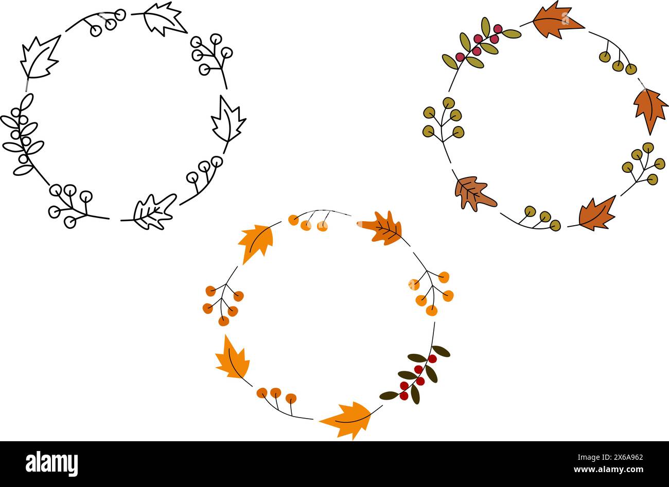Bunte und umrissene kreisförmige Rahmen von Herbstblättern und Zweigen Beere Set von 3 Vorlagen Kopierraum isolieren EPS Vektorbeschriftungen, Thanksgiving-Grußkarten oder -Karten, Poster, Banner oder Web-Design-Konzept Stock Vektor