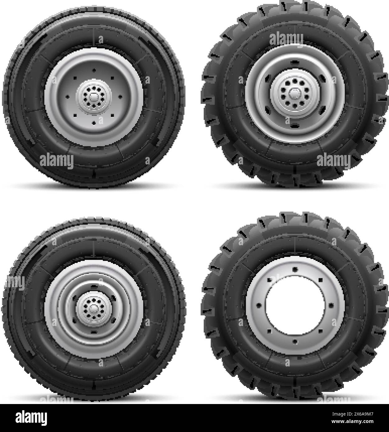 Realistische LKW-Reifen. Große Reifen LKW 4x4 Auto oder Bus Räder, Traktor Offroad schwere Rad von Ladung Industriemaschinen, Reifen große Transporttraktion, heutzutage Vektor Illustration von LKW Rad Auto Stock Vektor