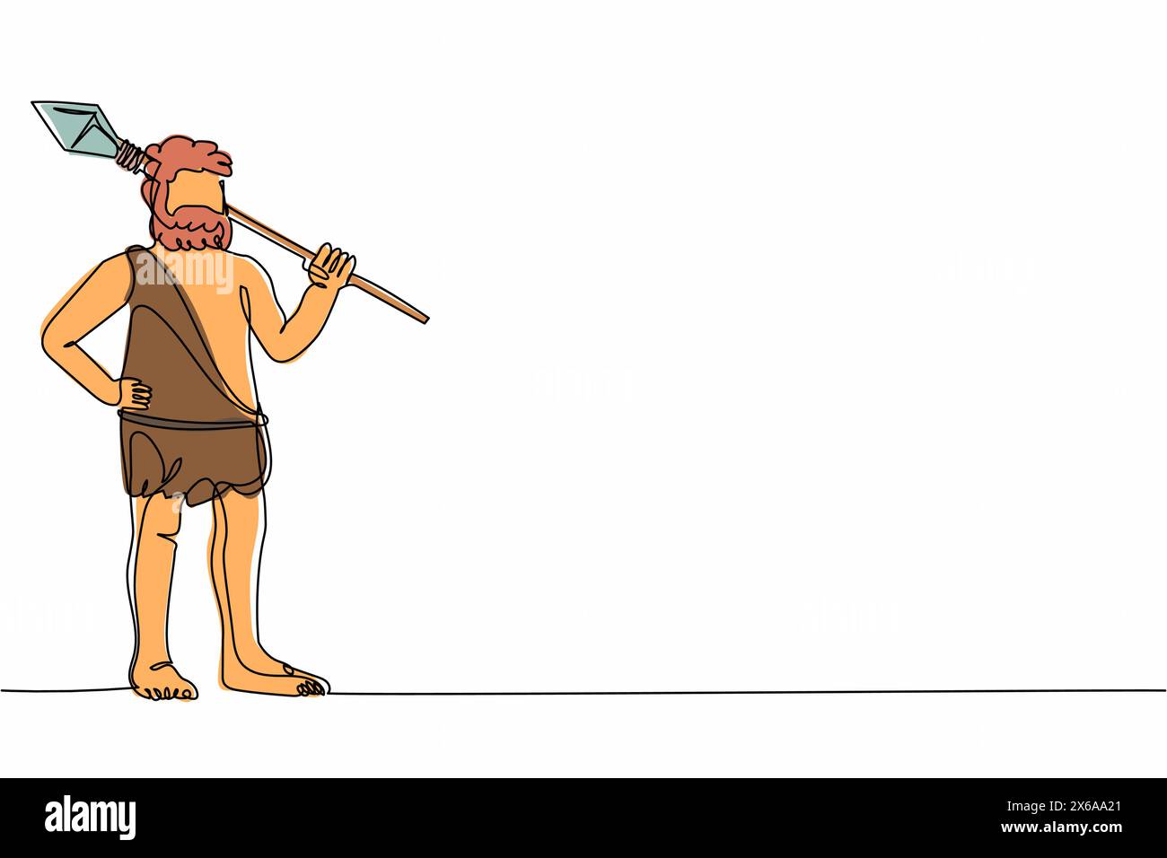 Eine einzige Linie zeichnet einen Höhlenmenschen, der Steinspeer auf den Schultern hält. Primitive Personenjagd. Steinzeitjäger. Prähistorischer Mann jagt mit Steinspeer. C Stock Vektor