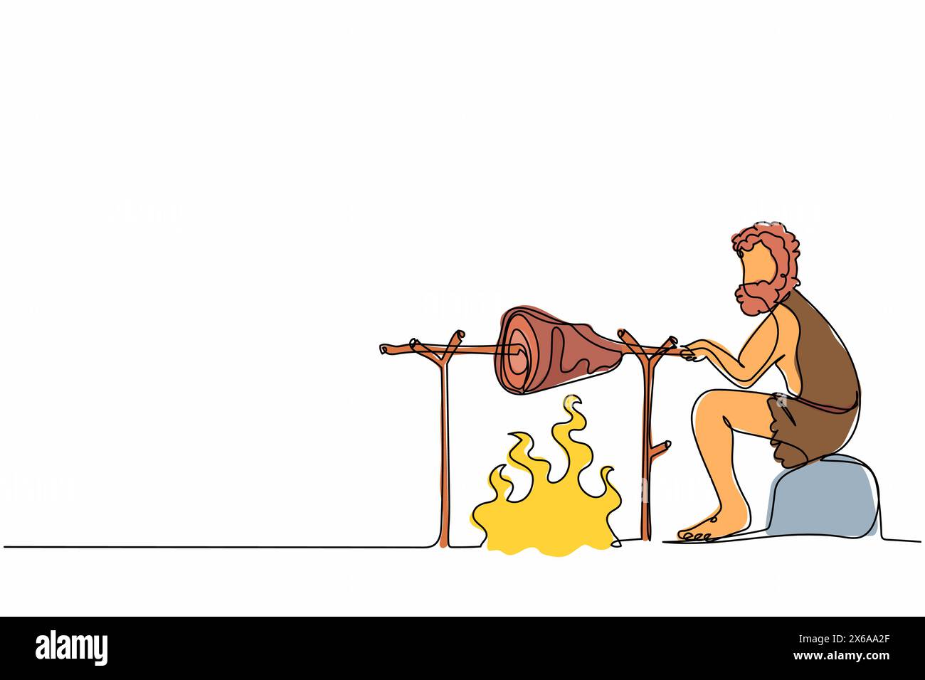 Durchgehende eine Linie zeichnet Steinzeitmenschen, die am Lagerfeuer Fleisch kochen. Prähistorischer Mann sitzt und kocht Fleisch am Lagerfeuer. Der alte Mensch. Sünde Stock Vektor