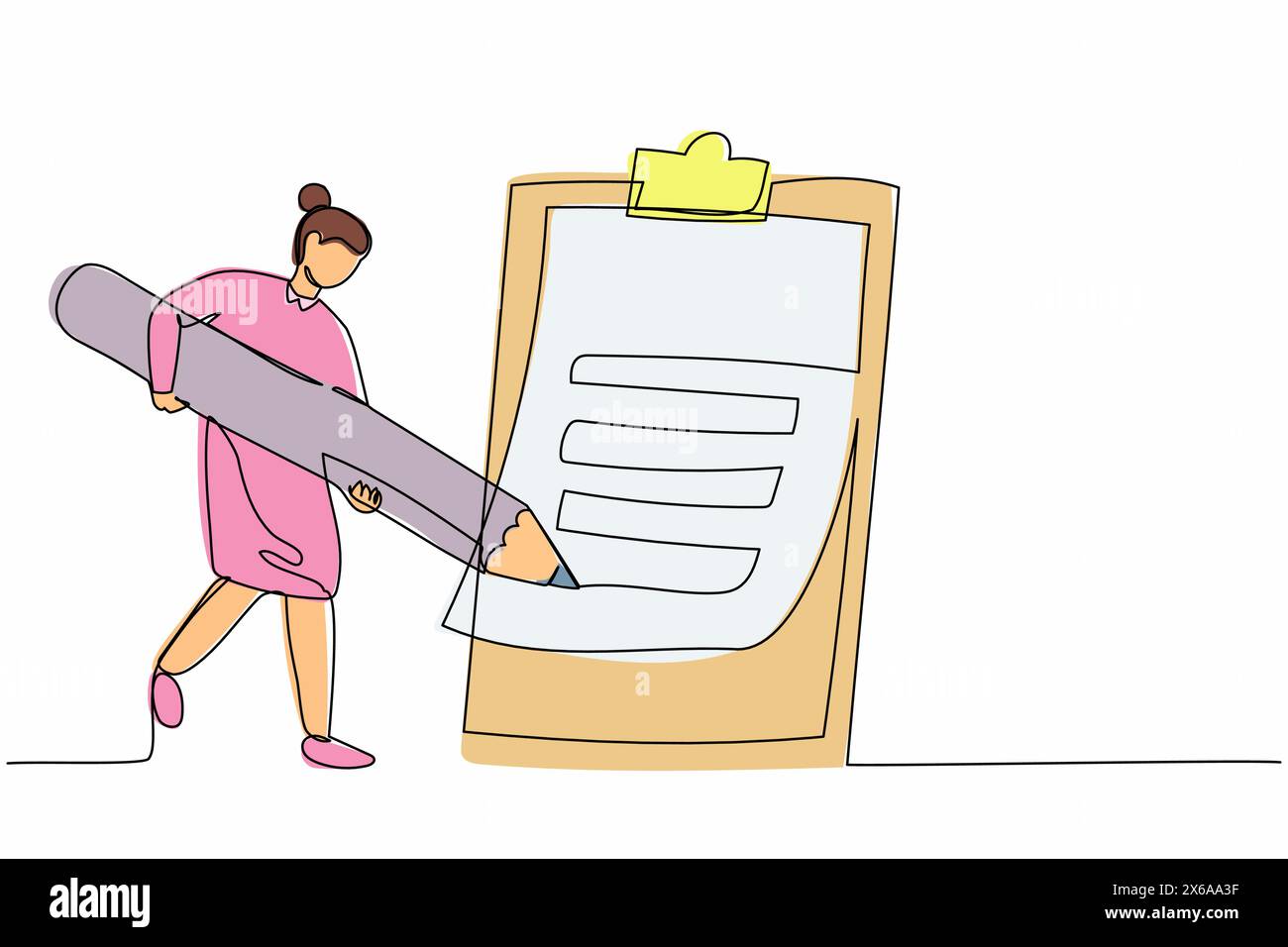 Durchgehende einzeilige Zeichnung Geschäftsfrau schreibt mit Bleistift auf Klemmbrett. Geschäftsaufgabe „Personenabschluss“. Planungsplan für Zielerreichungen. Singen Stock Vektor