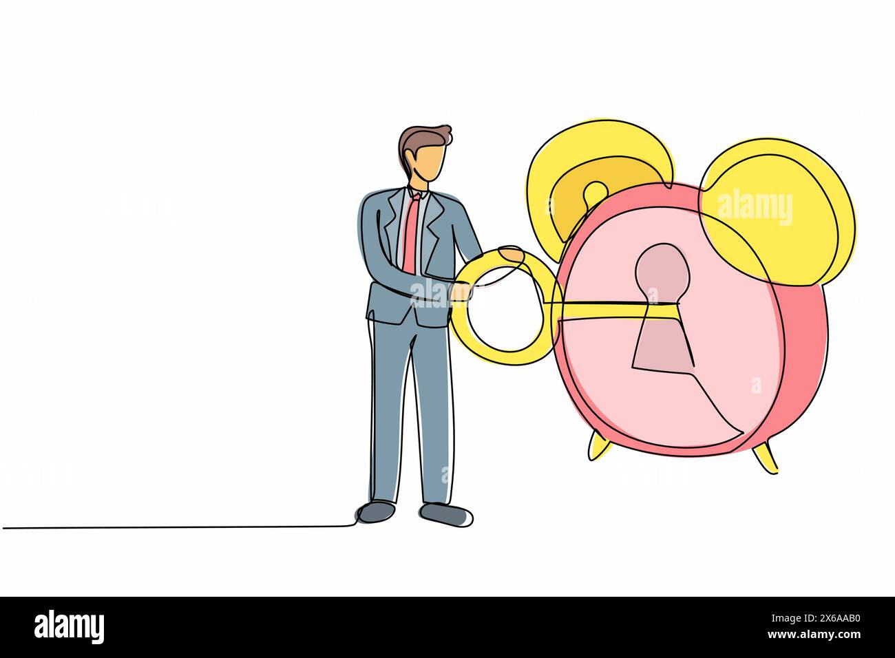 Ein durchgehender, einzeiliger Geschäftsmann, der großen Schlüssel in den Wecker steckt. Männlicher Manager im Business-Anzug zieht die Uhr mit Schlüssel auf. Deadline Work Conep Stock Vektor