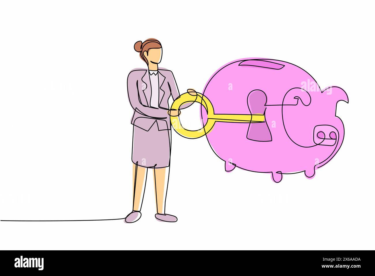 Eine einzige Linie zeichnet schützende Geschäftsfrau, die den Schlüssel in die Schweinebank gesteckt hat. Finanzschutz für den persönlichen Gebrauch. Sicherheit bei der Rettung des Banksystems. Konti Stock Vektor