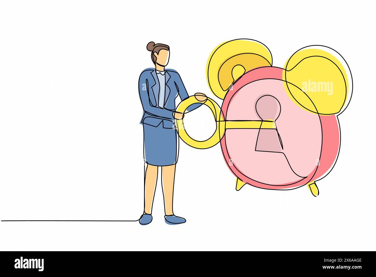 Einzelne durchgehende Zeichnungslinie Geschäftsfrau steckte Schlüssel in den Wecker. Weibliche Managerin schränkt das Geschäftsprojekt zur Terminfreigabe Der Arbeiter windet die Uhr mit dem Schlüssel. O Stock Vektor