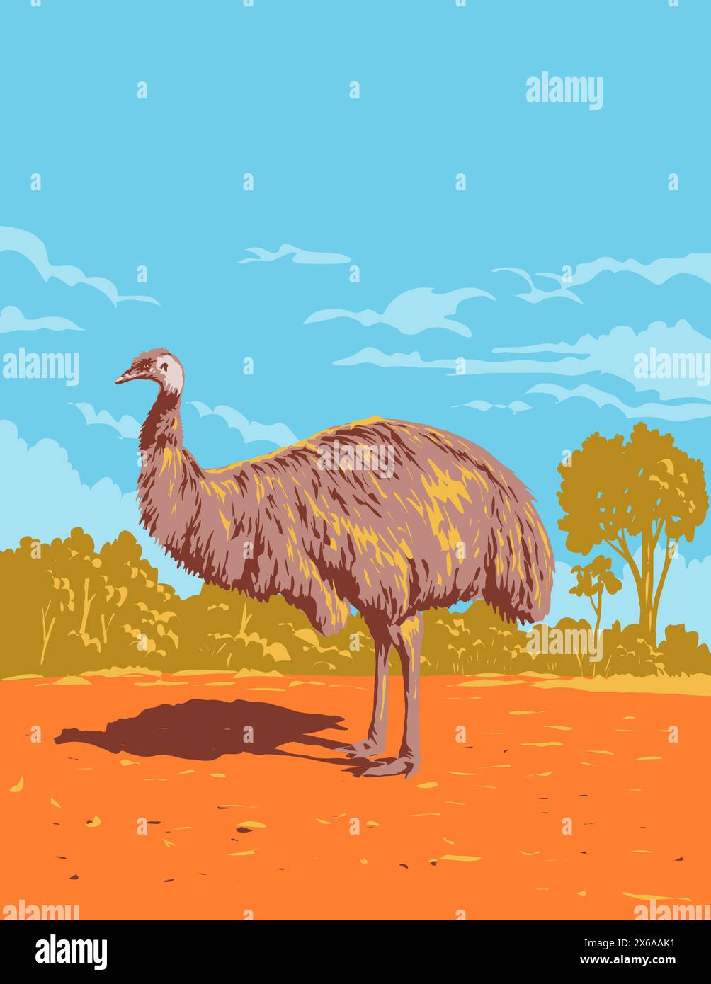 Art Deco- oder WPA-Poster eines emu im Gundabooka National Park und State Conservation Area nahe Bourke im Outback NSW New South Wales, Australien, durchgeführt in Stock Vektor