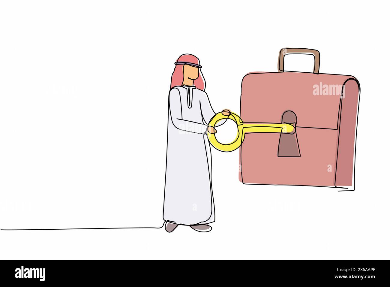 Durchgehende einzeilige Zeichnung arabischer Geschäftsmann, der Schlüssel in die Aktentasche steckt. Sicherheitstasche für geheimes Dokument. Investitionsportfolio, Börsenhandelsstr Stock Vektor