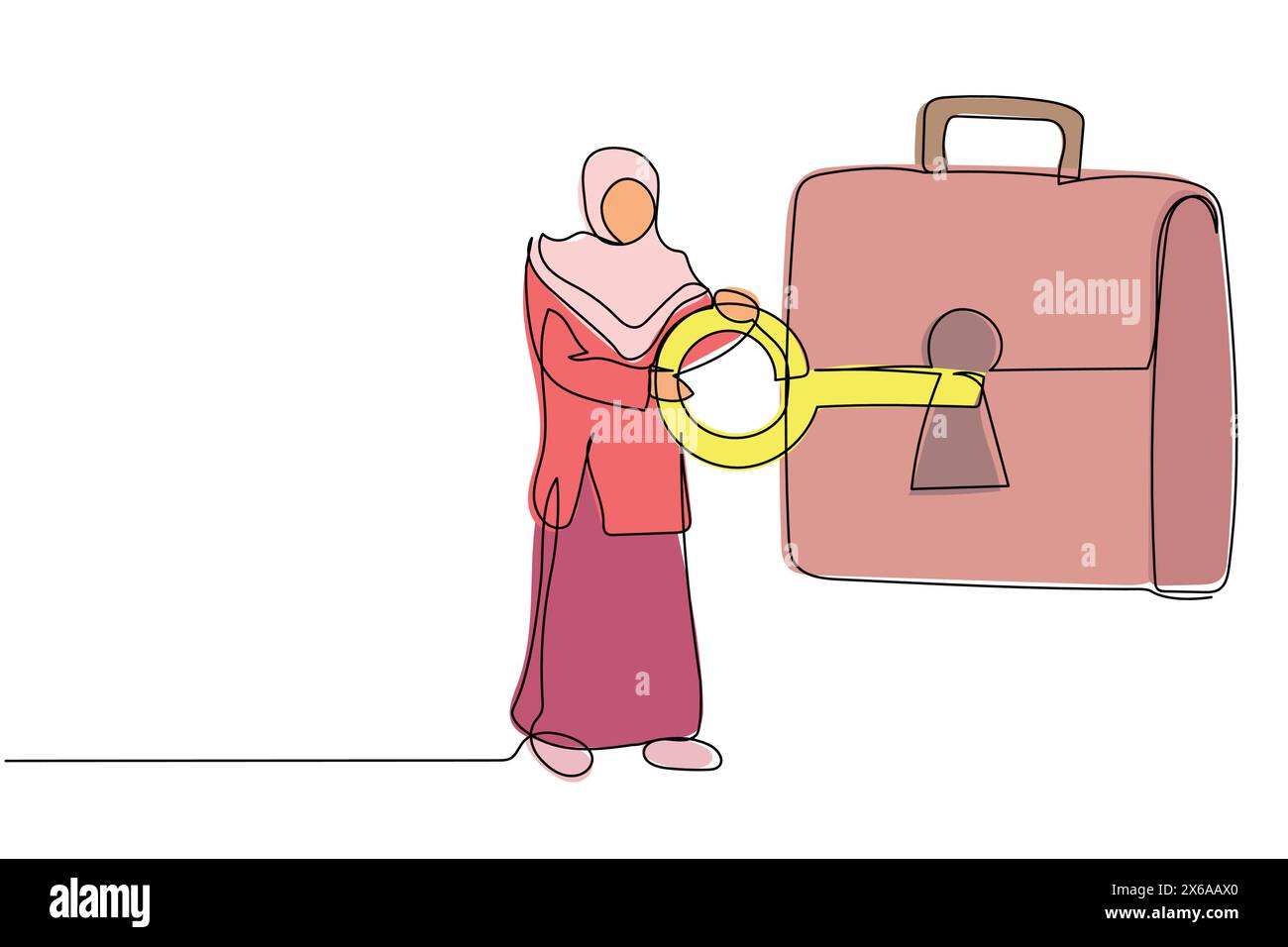 Durchgehende, einzeilige arabische Geschäftsfrau, die den Schlüssel in die Aktentasche steckt. Sicherheitstasche für geheimes Dokument. Anlageportfolio, Wertpapiere, Aktien Stock Vektor