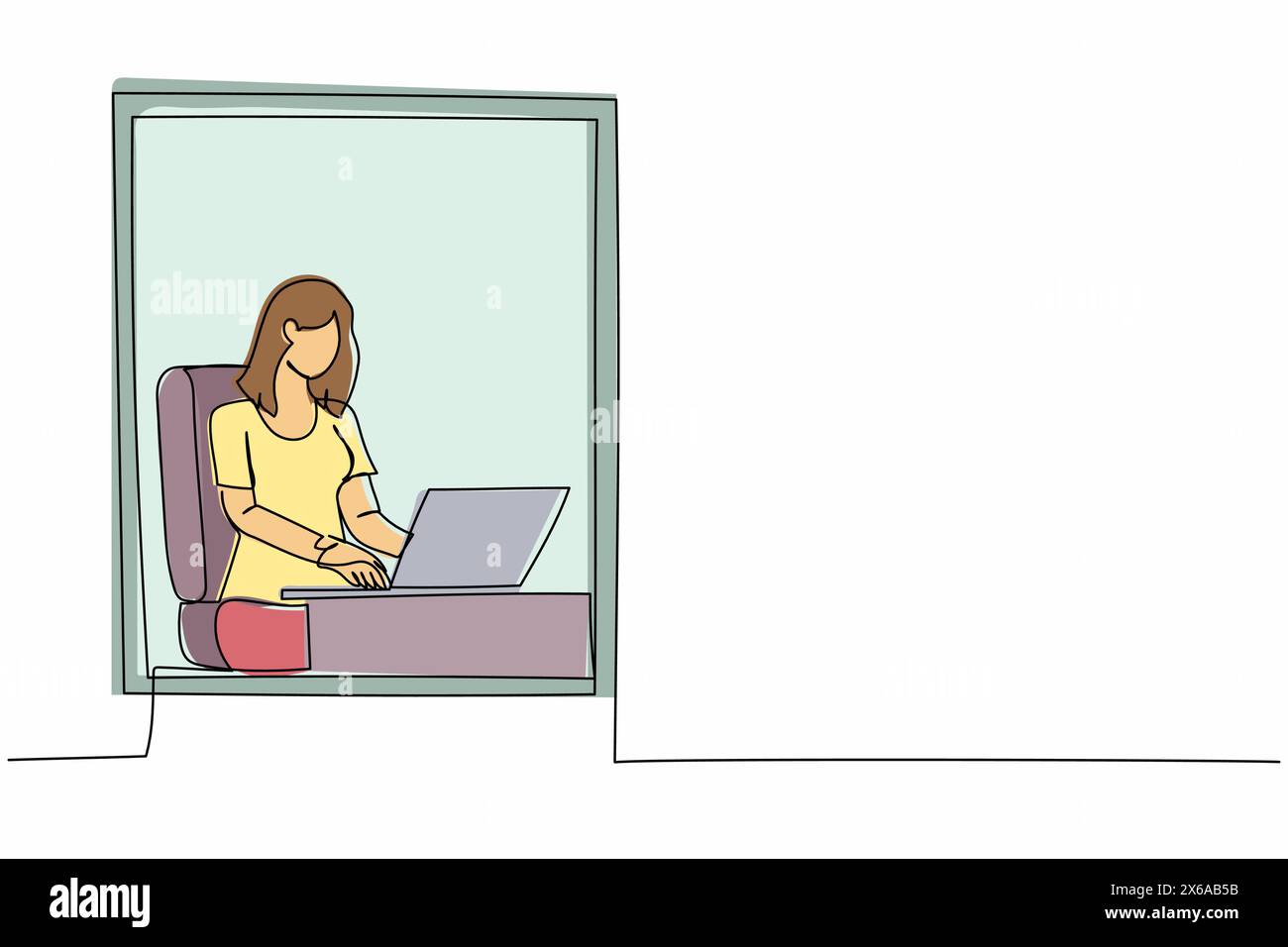 Eine einzelne Linie zeichnet junge Frau, die von zu Hause aus in der Nähe eines Fensters mit Laptop arbeitet. Aktive Geschäftsfrau, die am Schreibtisch sitzt. Fernarbeit oder Heimbüro. Konti Stock Vektor