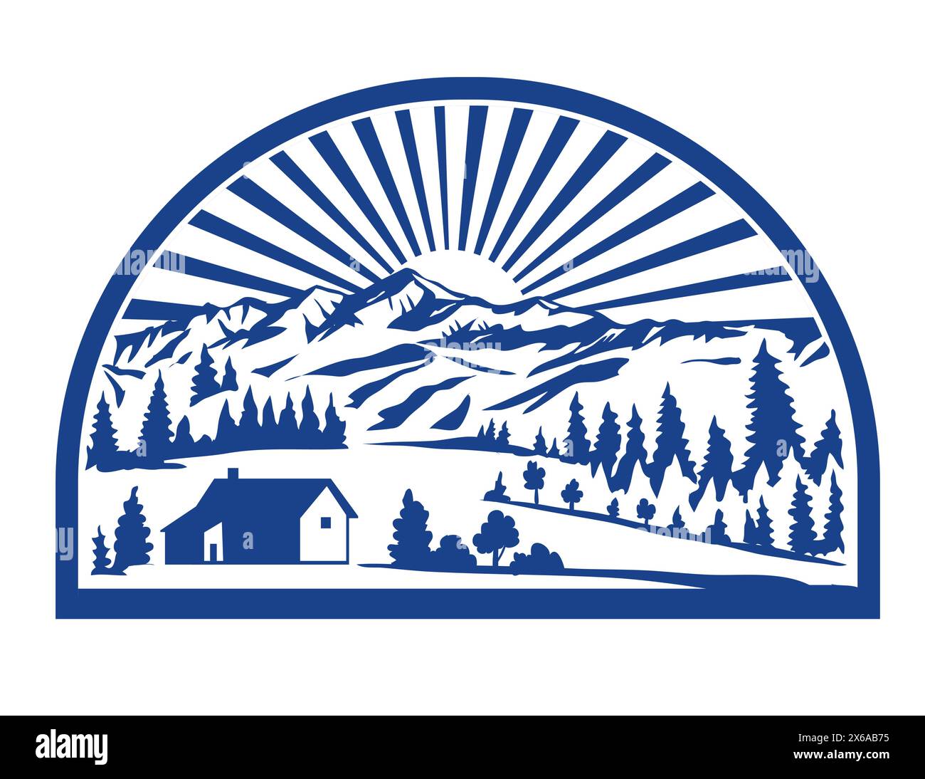 Illustration im Retro-Stil eines abgelegenen alpinen Dorfes oder Weilers mit Tälern und Gebirgszügen und Sonnenaufgang im Hintergrund im Halbkreis auf iso Stock Vektor