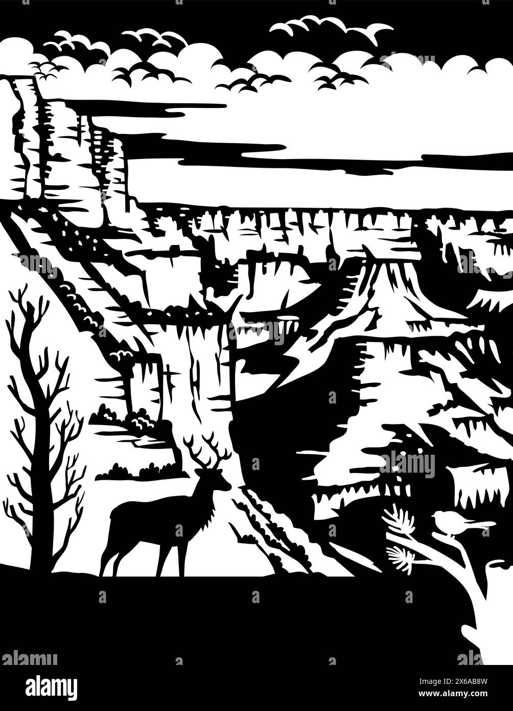 Schweizer Scherenschnitte oder Scheren Schnitt Illustration der Silhouette eines Elchs am Südrand des Grand Canyon National Park in der Nähe von Tusayan, Arizona, United St Stock Vektor