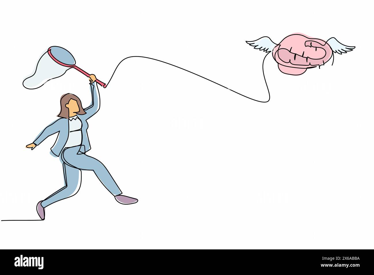 Eine durchgehende, einzeilige Geschäftsfrau versucht, fliegende Gehirne mit Schmetterlingsnetz zu fangen. Psychische Retardierung durch Hirnstörungen. Geisteskrankheit. Si Stock Vektor