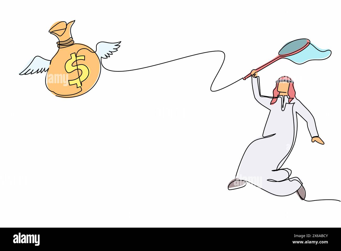 Ein arabischer Geschäftsmann versucht, fliegende Geldbeutel mit Schmetterlingsnetz zu fangen. Jahresbonus konnte nicht abgerufen werden. Geschäftsmetapher. Kontin Stock Vektor