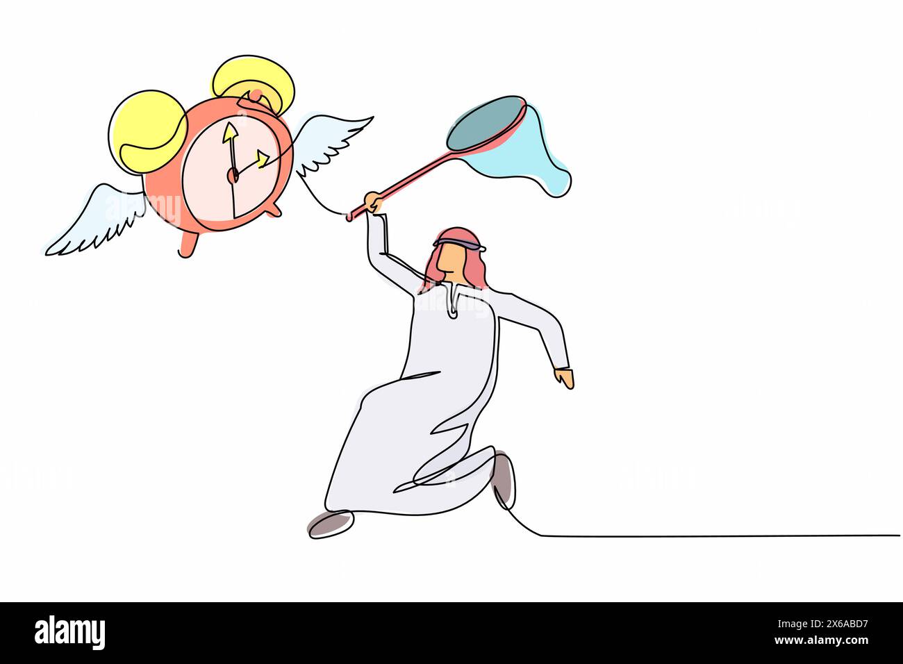 Ein arabischer Geschäftsmann versucht, einen fliegenden Wecker mit Schmetterlingsnetz zu fangen. Arbeitstermine konnten nicht abgeschlossen werden. Business Meet Stock Vektor
