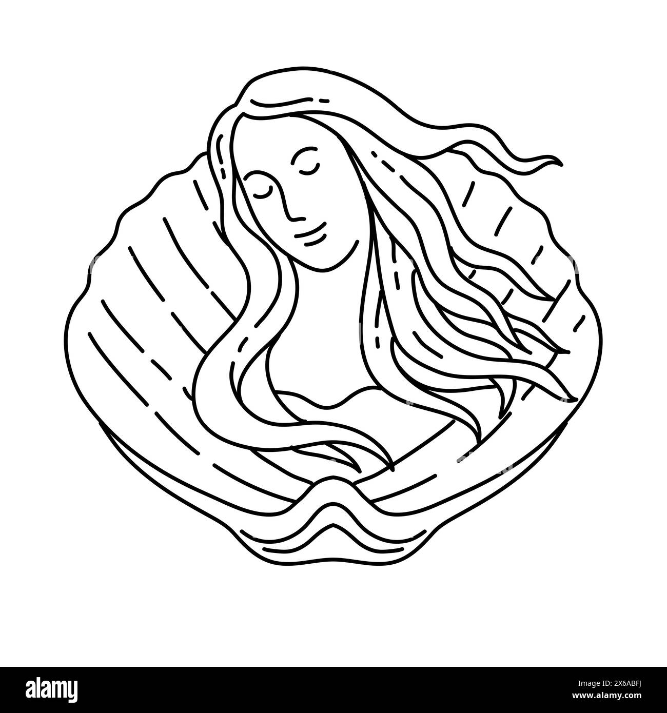 Mono-Line-Illustration von Venus, Meerjungfrau oder Sirene mit langen fließenden Haaren auf Muschelschale von vorne gesehen im Monoline-Line-Art-Stil. Stock Vektor