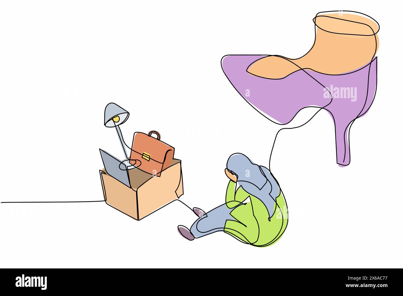 Durchgehende Linie, die junge arabische Geschäftsfrau zieht, die auf dem Boden neben Bürobedarf sitzt, unter großem Fußstamm. Metapher für Arbeitslose, Reduzierung der Arbeitskräfte. S Stock Vektor