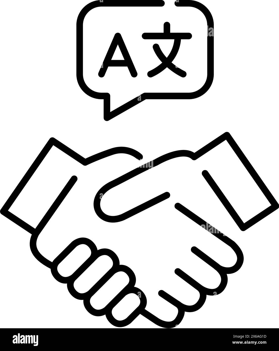 Handschlag und Sprechblase mit Sprachsymbolen. Globale Kommunikation und Sprachaustausch. Pixelperfektes, bearbeitbares Konturvektorsymbol Stock Vektor