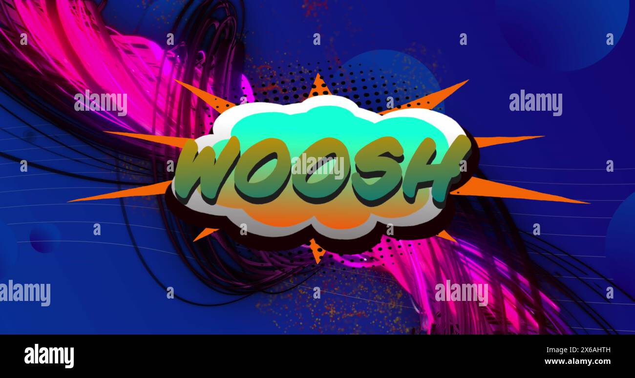 Bild von Woosh-Text auf Retro-Sprechblase und gemustertem Hintergrund Stockfoto