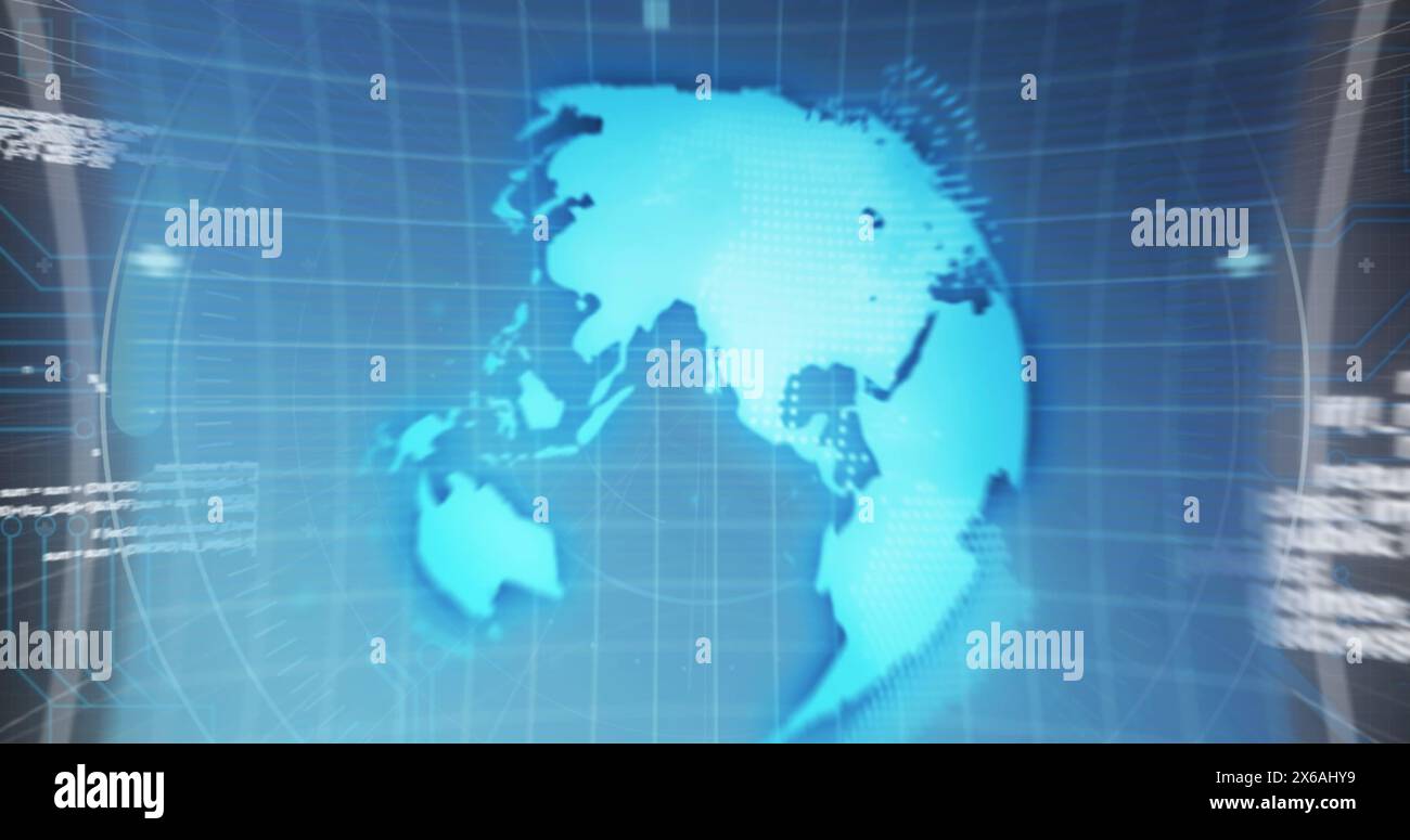 Bild: 6g-Text über rundem Scanner gegen Datenverarbeitung und Mikroprozessoranschlüsse Stockfoto