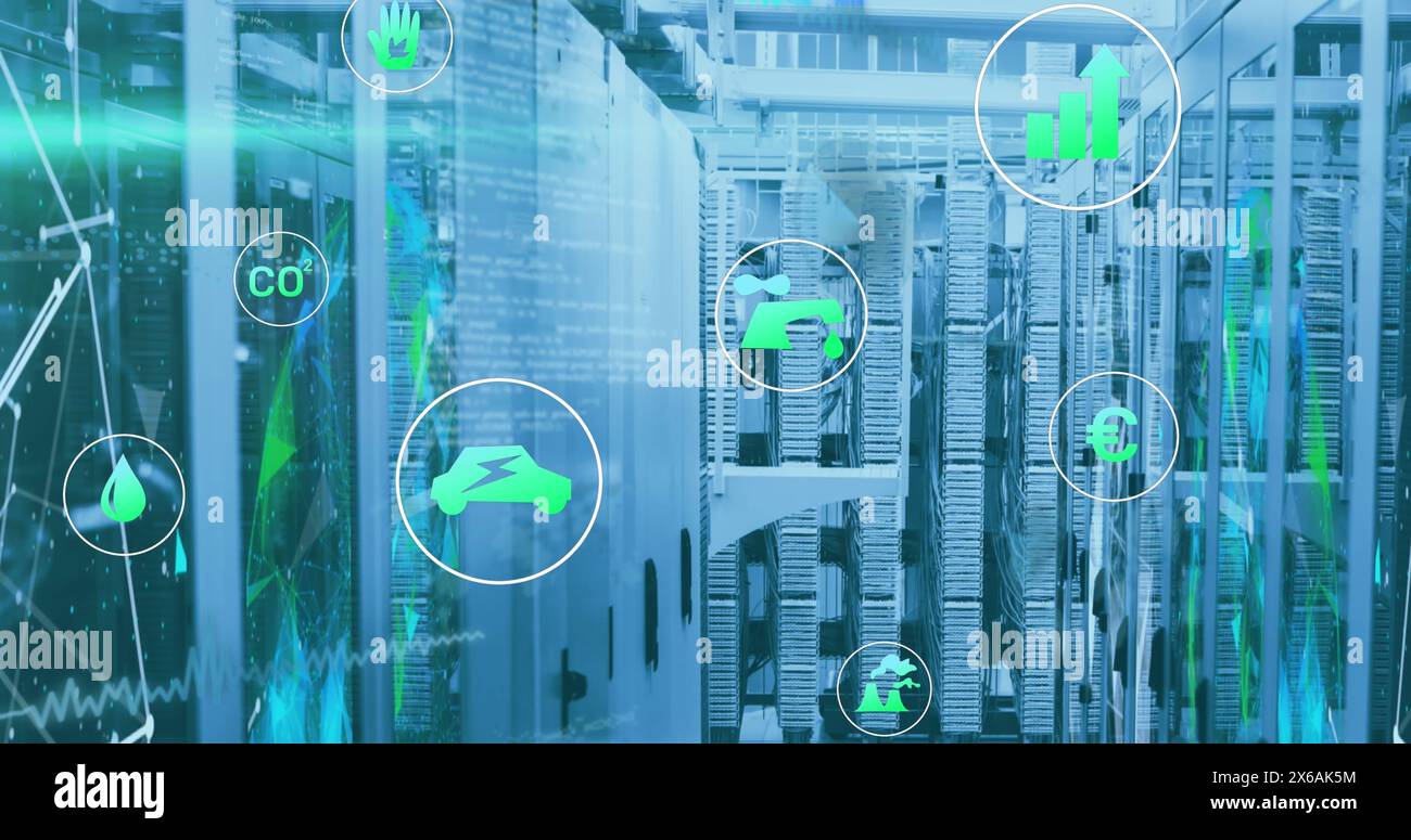 Abbildung des Symbols in Kreisen über Objektivfackeln und verbundenen Symbolen im Serverraum Stockfoto