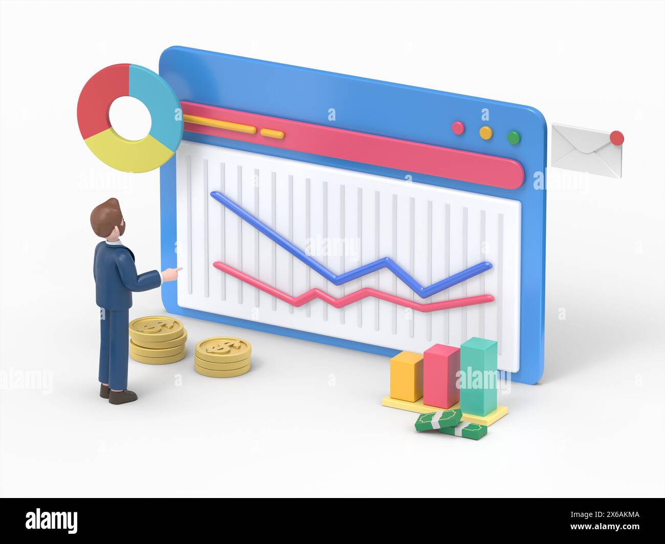 3D-Illustration des bärtigen amerikanischen Geschäftsmannes Bob, der Finanzdaten analysiert und Investitionsstrategie plant. Personen, die Diagramme, Diagramme und Durchmesserdiagramme untersuchen Stockfoto