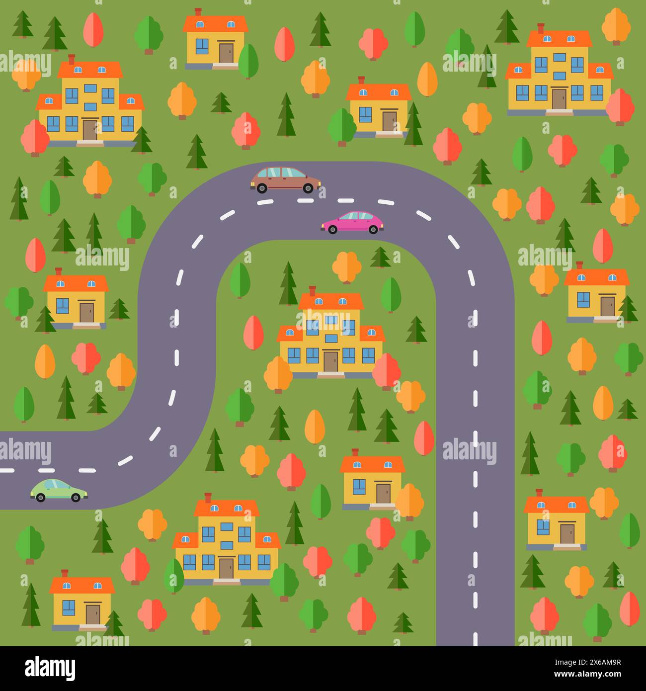 Plan des Dorfes. Landschaft mit Straße, Wald, Autos und Häusern. Vektorabbildung Stock Vektor