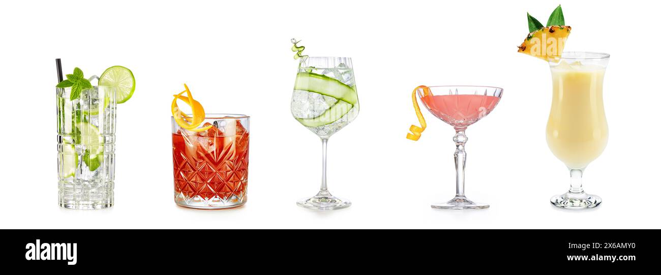 Set klassischer Cocktails auf weißem Hintergrund. Banner für Getränke. Stockfoto