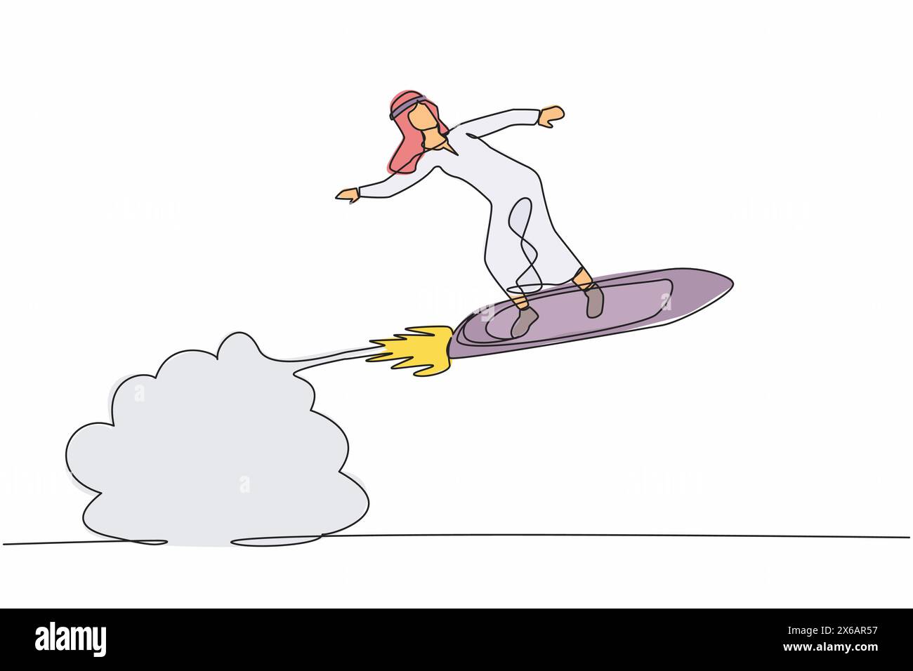 Eine einzige Linie zeichnet arabischer Geschäftsmann, der Surfbrett-Rakete reitet, die in den Himmel fliegt. Erfolgreicher Trader auf höchster Rentabilität. Geschäftserfolg Stock Vektor